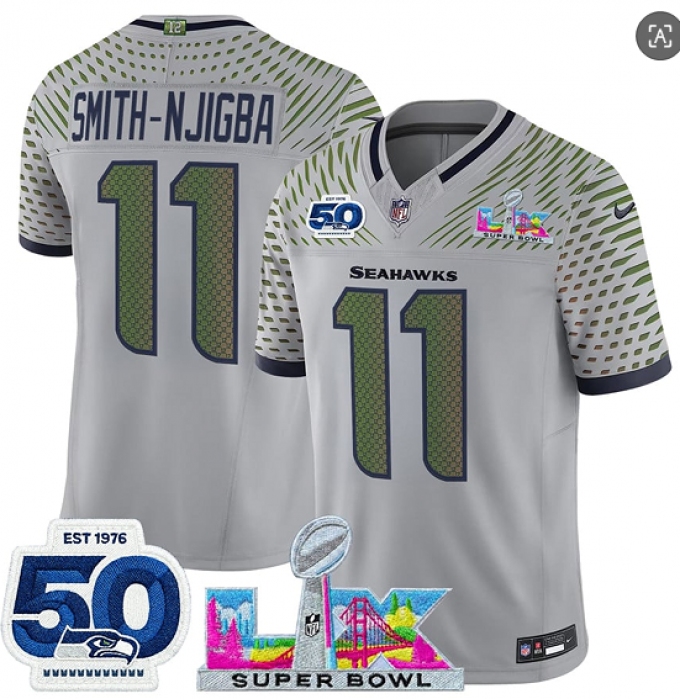 Men's Seattle Seahawks #11 Jaxon Smith-Njigba Gray 2025 F.U.S.E. Super Bowl LX And 50th Season “Rivalries” Vapor Limited Football Stitched Jersey