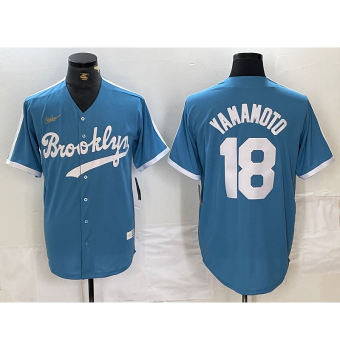 Men's Brooklyn Dodgers #18 Yoshinobu Yamamoto Light Blue Cooperstown Collection Cool Base Jersey