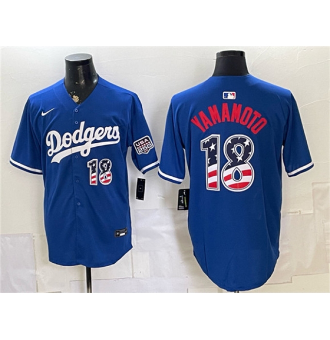 Men's Los Angeles Dodgers #18 Yoshinobu Yamamoto Blue USA 250 Fourth of July Stitched Baseball Jersey