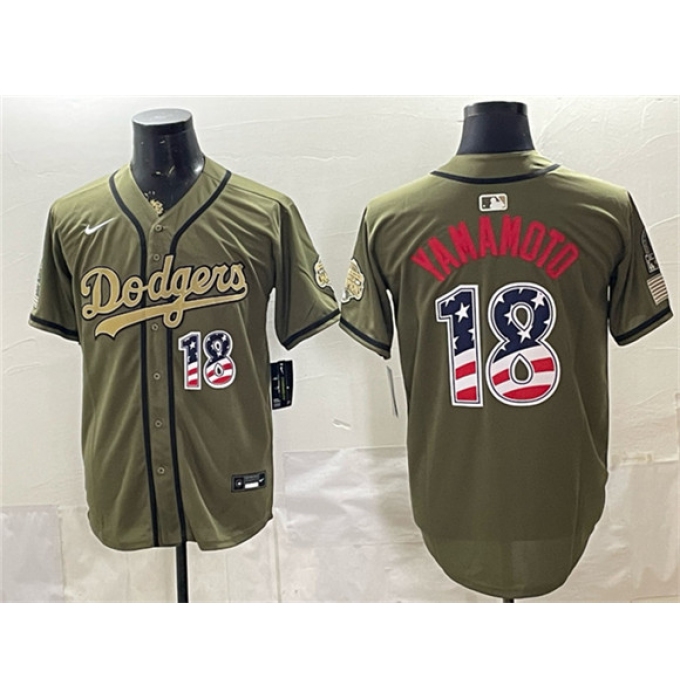 Men's Los Angeles Dodgers #18 Yoshinobu Yamamoto Olive 2026 Armed Forces Day USA 250 Fourth of July Stitched Baseball Jersey