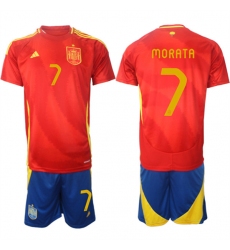 Men's Spain Team #7 álvaro Morata 2024-25 Red Home Soccer Jersey Suit