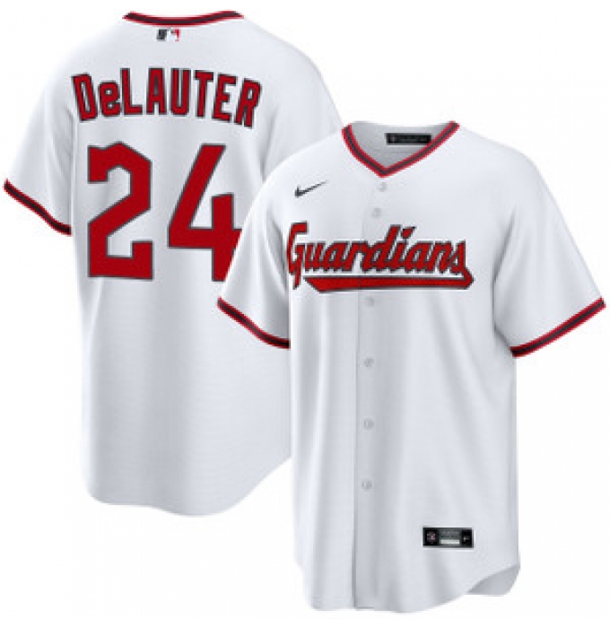 Men's Cleveland Guardians #24 Chase DeLauter White Cool Base Limited Stitched Baseball Jersey