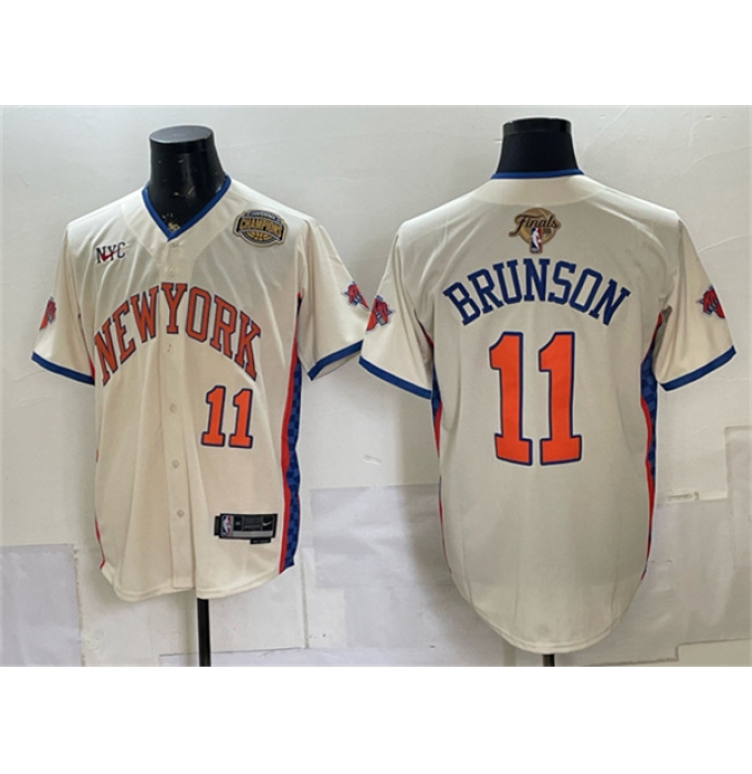 Men's New York Knicks #11 Jalen Brunson Cream 2026 Finals & Eastern Conference Champions Stitched Baseball Jersey