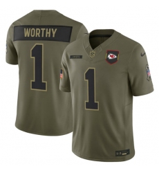 Men's Kansas City Chiefs #1 Xavier Worthy Olive 2025 Salute to Service Limited Football Stitched Jersey