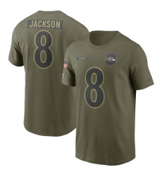 Men's Baltimore Ravens #8 Lamar Jackson Olive 2025 Salute to Service Name & Number T-Shirt
