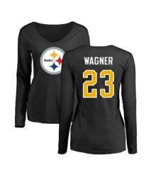 Football Women's Pittsburgh Steelers #23 Mike Wagner Black Name & Number Logo Slim Fit Long Sleeve T-Shirt