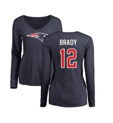 Football Women's New England Patriots #12 Tom Brady Navy Blue Name & Number Logo Slim Fit Long Sleeve T-Shirt