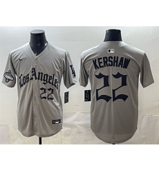Men's Los Angeles Dodgers #22 Clayton Kershaw Grey LA Gothic Style With 2025 World Series Champions Limited Stitched Baseball Jersey