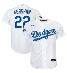 Youth Los Angeles Dodgers #22 Clayton Kershaw Nike White 2020 World Series Champions Home Replica Player Jersey