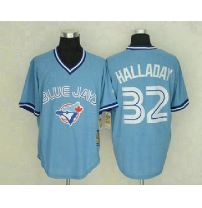 Men's Toronto Blue Jays #32 Roy Halladay Light Blue Pullover Stitched MLB Throwback Jersey By Mitchell & Ness