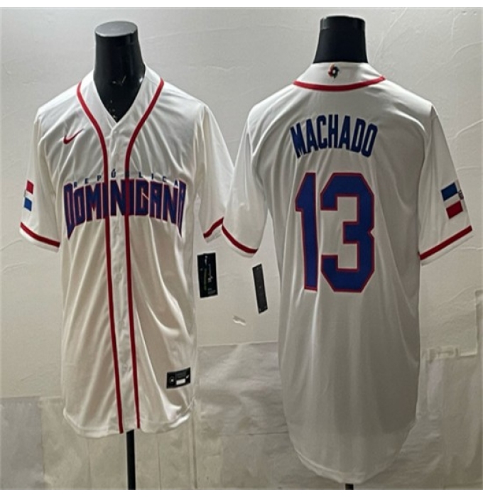 Men's Dominican Republic Baseball #13 Manny Machado White 2026 World Baseball Classic Home Stadium Stitched Jersey