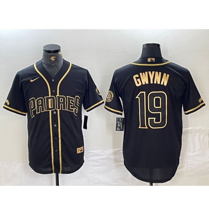 Men's San Diego Padres #19 Tony Gwynn Black Gold Cool Base Jersey