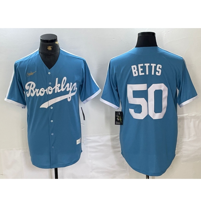 Men's Brooklyn Dodgers #50 Mookie Betts Light Blue Cooperstown Collection Cool Base Jersey