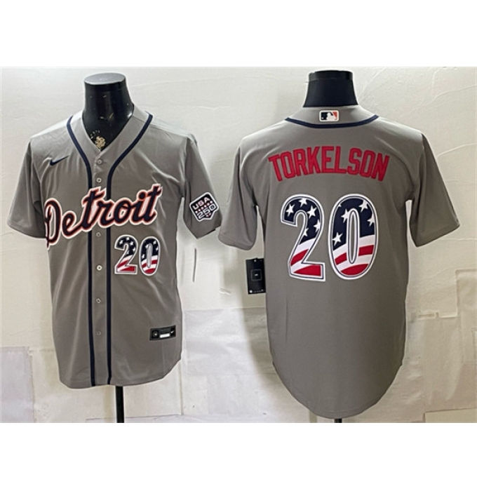 Men's Detroit Tigers #20 Spencer Torkelson Gray 2026 USA 250 Fourth of July Stitched Baseball Jersey
