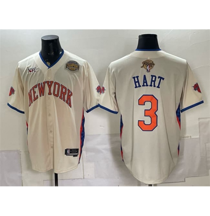 Men's New York Knicks #3 Josh Hart Cream 2026 Finals & Eastern Conference Champions Stitched Baseball Jersey