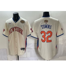 Men's New York Knicks #32 Karl-Anthony Towns Cream 2026 Finals & Eastern Conference Champions Stitched Baseball Jersey
