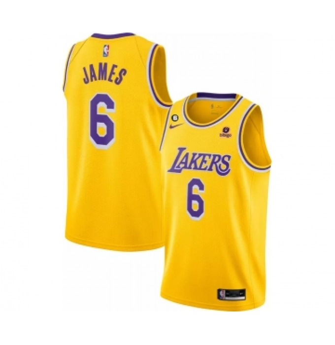 Men's Los Angeles Lakers #6 LeBron James Yellow No.6 Patch Stitched Basketball Jersey