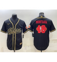 Men's San Francisco 49ers #16 Joe Montana Black Gold Team Big Logo With Patch Cool Base Stitched Baseball Jersey
