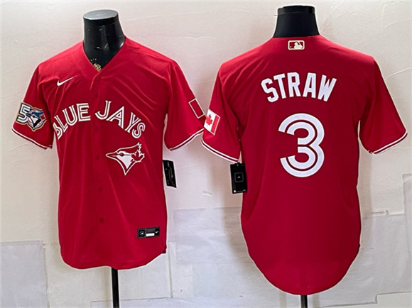 Men's Toronto Blue Jays #3 Myles Straw Red 50 Seasons Patch Stitched Baseball Jersey